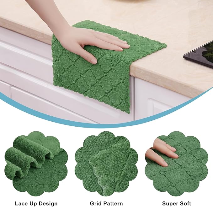 Homaxy 18 Pack Super Soft Absorbent Dish Cloths, 10" x 10", Grass Green | Coral Velvet, Nonstick Oil Fast Drying Microfiber Cleaning Cloth, No Lint Household Dishcloths