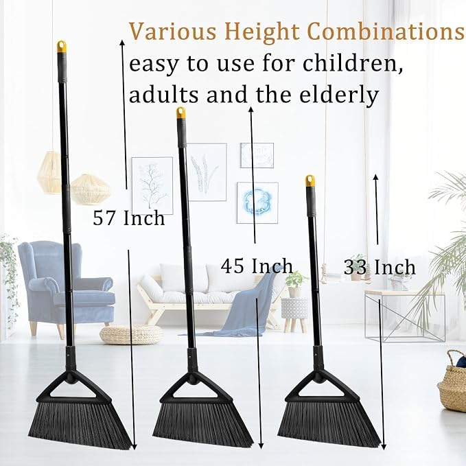 Heavy Duty Black Angle Broom with Long Handle - 4 Pack | Versatile indoor/outdoor sweeping, for courtyard/garage/sidewalk/kitchen/lobby/canteen, durable & efficient
