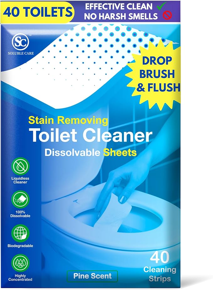 Dissolvable Toilet Bowl Cleaner Sheets: Pine Scent, 40 Sheets | Stain-Removing, Bleach-Free, Septic-Safe, Just 1 Quickly-Dissolving Sheet for a Clean Toilet Bowl, for Home, Travel & Office