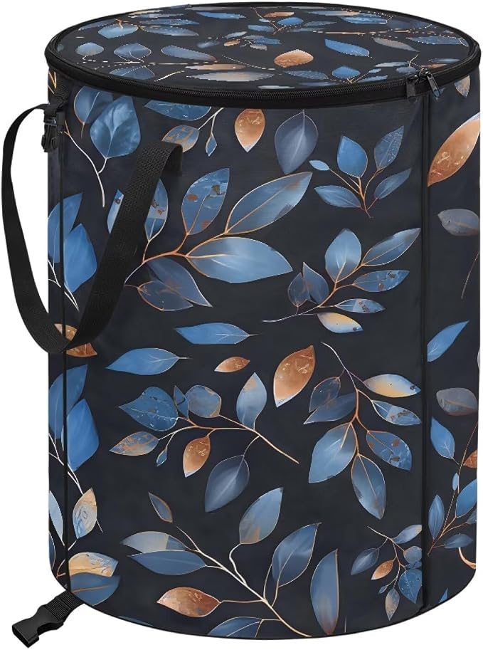 Vintage Blue Leaf Print 24 Gallon Camping Waster Bags with Lid and Handles Reusable Lawn Garden Bags Collapsible Trash Can for Outdoor Picnics Yard
