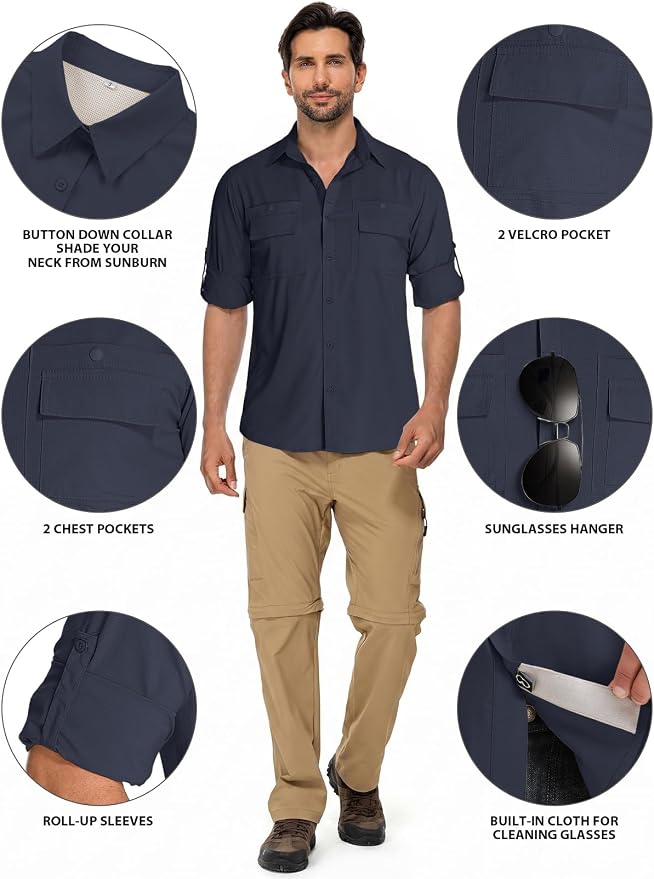 linlon Men's Safari Shirt UV Sun Protection Long Sleeve Hiking Travel | Button Down Mesh Back Vents UPF 50+ Quick Dry Breathable Cool Lightweight Outdoor Travel Fishing Gardening Clothes