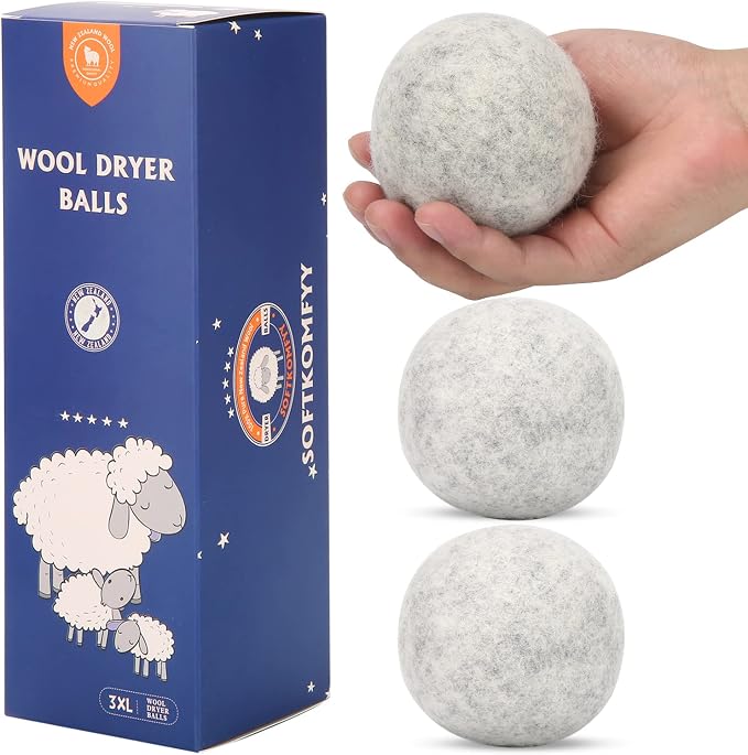 Wool Dryer Balls Handmade 3 Pack XL, Laundry Dryer Balls,100% New Zealand Wool Natural Fabric Softener,Reusable 1000 Loads,Wrinkles Free, Shorten Drying Time,Baby Safe (3 Pack XL,Gray) | Handmade,Reusable,Long-term Use,Fragrance free