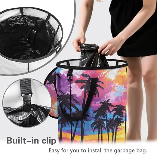 BIGCARJOB Hawaii Palm Collapsible Trash Can Portable Tall Trash Can Oval Recycling Bin 22.83x17.71 Outside Garbage Bin Storage Bag with Clip and Zipper Lid