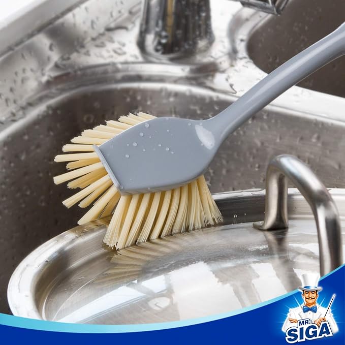 MR.SIGA Dish Brush with Bamboo Handle Built in Scraper, Pack of 2 | Scrub brush for dishes, pans, pots, kitchen sinks cleaning, dish scrubber with handle, safe for non stick cookware
