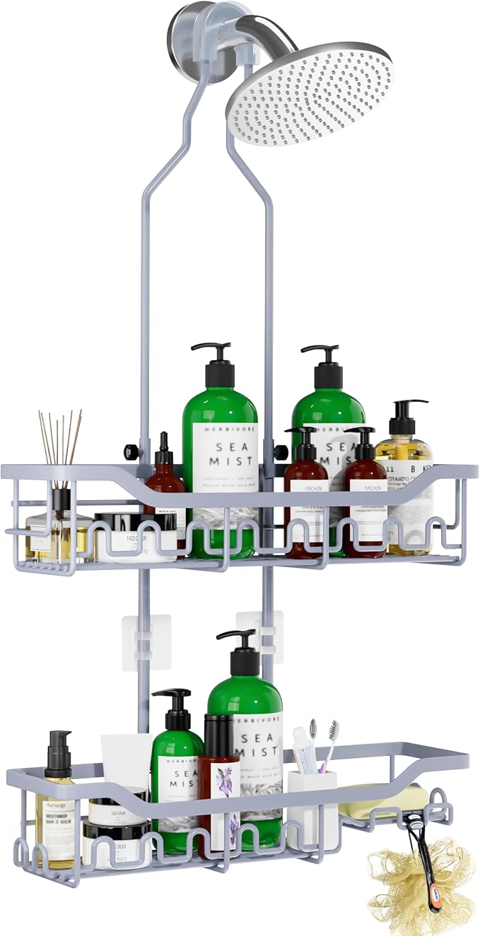 Shower Caddy Hanging Organizer, Extra Large Rack Over Showerhead with Hooks, Adjustable Height Shower Caddy for Big Shampoo Bottle, Grey