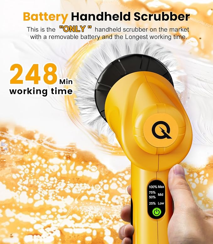 Electric Spin Scrubber Q4, 5000mAh Large Battery, 248-Min Runtime, 600RPM | Handheld Power Dish Scrubber with Display and 5 Brush Heads; Cordless Shower Cleaning Brush for Bathrooms, Sinks and Windows