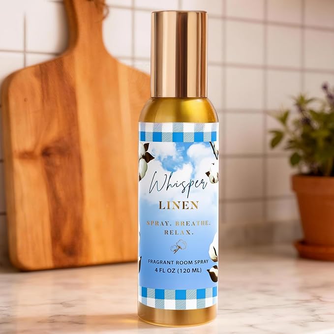 Room Spray, Whisper Linen, 4 fl oz, Air Freshener for Home, Bathroom | Long-Lasting Odor Eliminator for Office