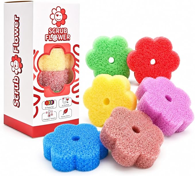 Scrub Flower Temperature-Sensitive Non-Scratch Dish Sponges, 6 Count | Firm in cold water for tough messes, soft in warm water for gentle cleaning; odor-resistant colors separate kitchen tasks.