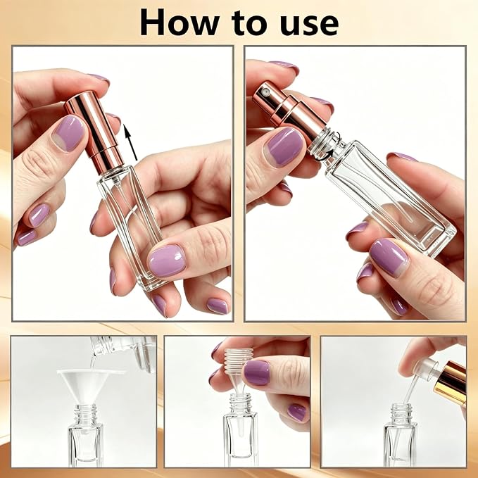Perfume Travel Refillable, 6 Pcs 10 ml Glass Atomizers (Multi-Color) | Leak-resistant fine mist spray, mini perfume bottle set with filling tools, portable for travel, gym, office and daily use