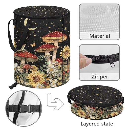 BIGCARJOB Moon Mushroom Foldable Trash Can Collapsible Trash Can Camping Waterproof Recycle Garbage Bin Storage Bag Accessories, 22.83x17.71 in