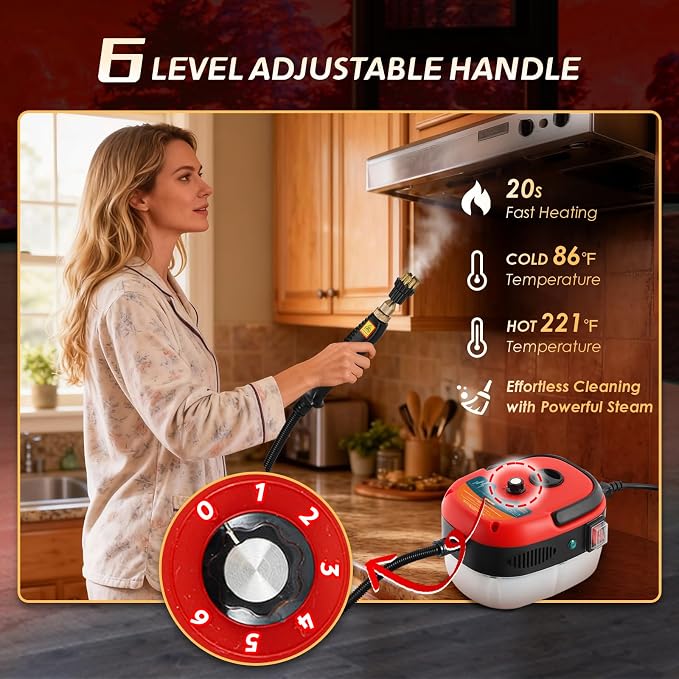2500W Handheld Steam Cleaner, Pressurized Steam Cleaning Machine with 3 Brush Heads, 20s Heat Up, 1L Tank, Multipurpose Mini Portable Steamer for Tile, Grout, Furniture, Kitchen, Car, Home
