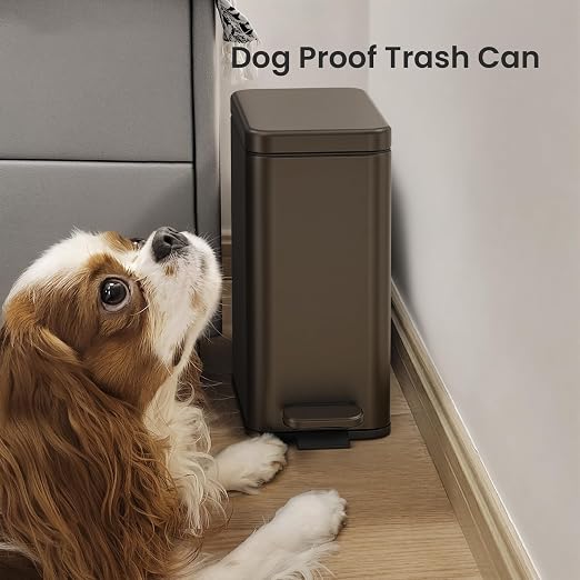 Cesun 2.6 Gallons Small Bathroom Trash Can with Lid Soft Close, Brown | Removable Inner Bucket, Small Stainless Steel Garbage Can for Bedroom/Office, Hands-Free Step Pedal, Fingerprint-Resistant