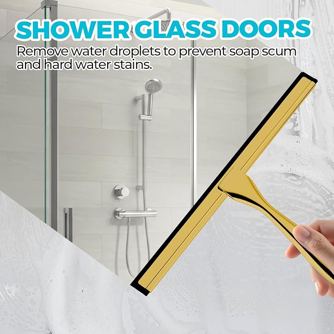 12" Shower Squeegee for Glass Doors, Tile Walls, Car Windows, Gold | Bathroom Accessories, New Home Essentials, Silicone Blade, Metal Handle, Adhesive Hook, Household Tool, Multipurpose Cleaner