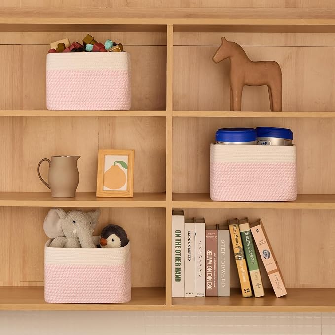 MiniArk Small Organizing Baskets for Cubes Shelf, 9.7x9.7x7.1 Inch Rope Woven Storage Bins for Nursery Shelves Storage, Cute Toy Basket, Square 3 Packs Off White Pink