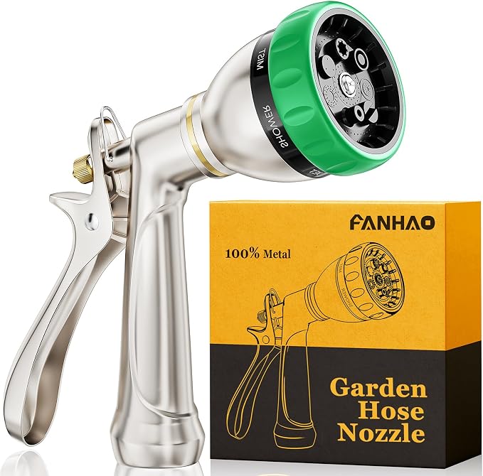 FANHAO Upgraded 100% Metal Garden Hose Nozzle Heavy Duty, 7 Spray Patterns | Rustproof Hose Sprayer Nozzle, Lockable Trigger, High Pressure Garden Nozzle for Watering Plants, Car & Pet Washing