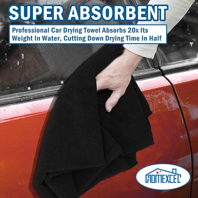 HOMEXCEL Professional Large Microfiber Car Drying Towels 4 Pack, 31" x 24" | Highly Absorbent, Lint Free, Scratch Free, Fast Drying, Absorbent Microfiber Towel for Cars SUVs RVs Trucks Boats, Black