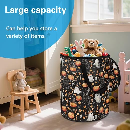 doginthehole Halloween Spooky Ghost Trash Can Outdoor Event Cute Black Cats Pumpkin Large Collapsible Trash Can with Lid Storage Bag Pop Up Trash Cans for Party Supplies, Halloween Decorations