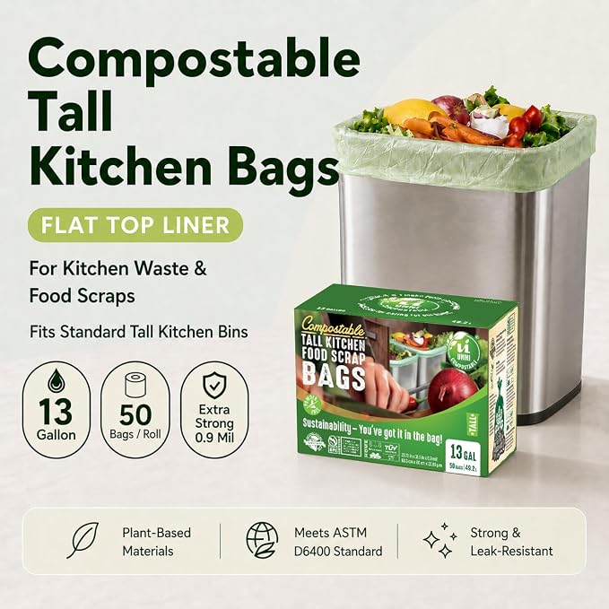 UNNI 13 Gallon Compostable Bags, 50 Count, 49.2 Liter, Extra Thick 0.9 Mil | Tall Kitchen Compost Bags for Pull-Out Food Scrap Bins, Wide Opening, Certified by BPI, CMA & OK compost HOME, ASTM D6400