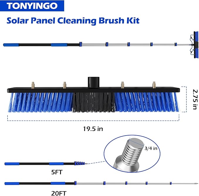 25 FT Reach Solar Panel Cleaning Brush Kit with Telescopic Pole | Water‑Fed Brush With 5‑20FT Dual Flip‑Screw Lock Pole, Soap Dispenser & Soft Bristles for Snow Removal, Boats, Windows, Rvs