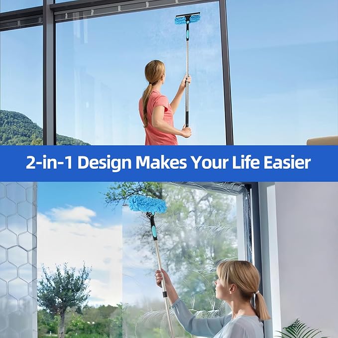 122'' Window Washing Kit with Extension Pole, 2-in-1 Window Cleaning Kit with Scrubber and Rotating Head, Window Cleaner Tool for Shower Rooms, Glass, Floors, Tiles, Walls, Car Windshields