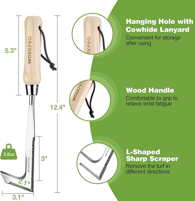 WORKPRO Crack Weeder, 12" Stainless Steel Crevice Weeding Tool with Ash Wooden Handle | L-Shaped Sidewalk Weed Puller Spatula, for Garden Lawn Yard Patio Terrace Paving Moss Garden Tool Weeder Tool