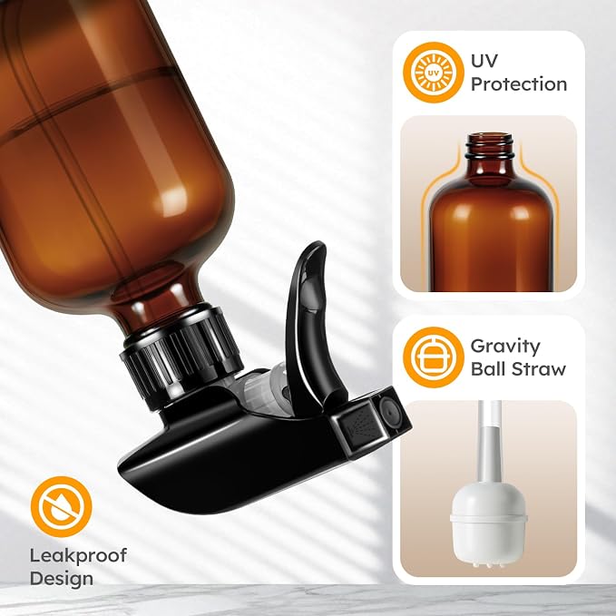 Tecohouse 360° 16 oz Clear Glass Spray Bottles with Silicone Sleeve 2 Pack | 360° All-Angle Spray, Non‑slip Silicone Protective Covers, for Cleaning Solutions, Plants, Hair Care (Black & Brown)