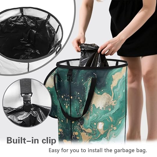 doginthehole Green Marble Print Outdoor Trash Can with Lid Large Capacity Collapsible Trash Can for RV Waterproof Garbage Bags for Yard, Camping, Picnic Home Outdoor Decoration
