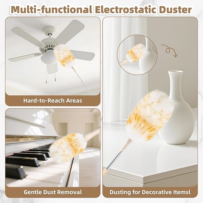 LOVECO Lambs Wool Dusters for Scratch-Free Cleaning Extendable 29-49 Inch | Includes: Sticky Hooks×2, Small Duster×1, Electrostatic Dusters Suitable for Office, Home, Car