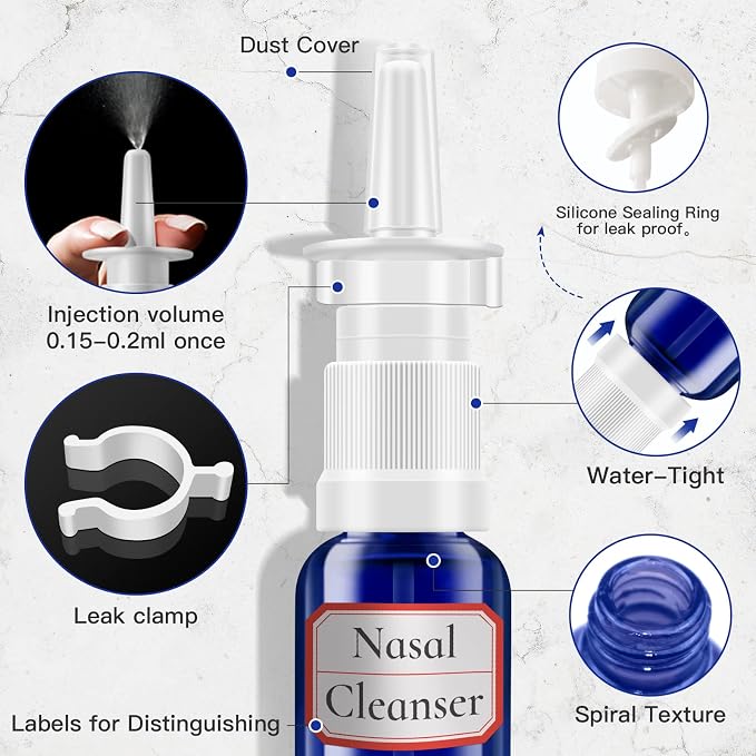 Nasal Spray Bottle, 3 Pcs 30ML/1oz Glass Refillable Continuous Fine Mister Spray Bottles, Travel Sized Empty Nasal Sprayer with Sprayers, Funnels and Labels(Blue)
