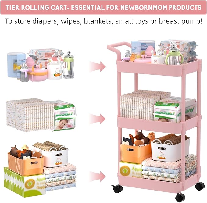 Volnamal Diaper Caddy, 3 Tier Rolling Cart for Baby Essentials, Pink | Movable & Easy Assemble Cart for Newborn Nursery Essentials, Diaper Storage Organizer for Changing Table&Crib, Baby Registry