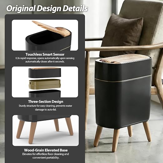 suyika Automatic Trash Can, 2.6 Gallon/10L Bathroom Trash Can with Lid | Wood Grain Lid and Legs, Touchless Waterproof Garbage Bin for Bedroom, Bathroom, Office, Living Room