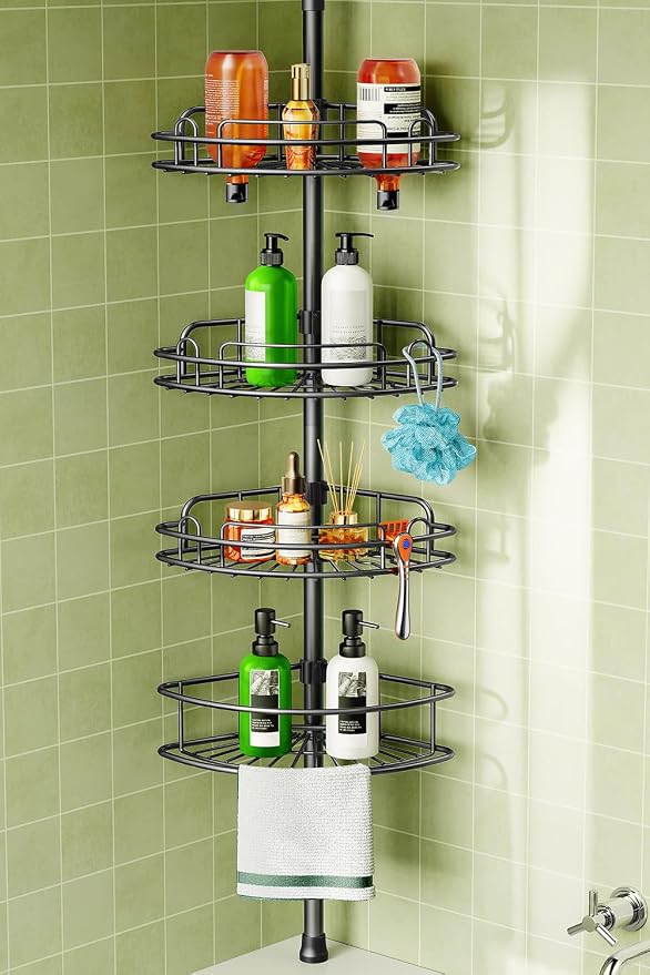 HAMITOR Corner Shower Shelves, 4-Tier AdjustableTension Caddy for Renters | Black Rust-Resistant Bathroom Organizer, No-Drill Quick Install, Space-Saving Storage Shelves For Families 47.7-123.6 Inch