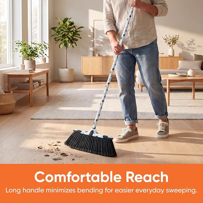 Superio Design Broom, Fancy Black and White Angle Broom, Cute Splash Design Kitchen Broom with Safety Bumper, 48" Indoor and Outdoor Sweeping Tool 2-Pack