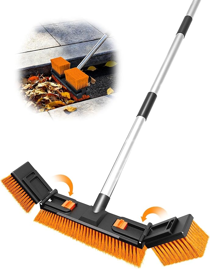 18.5" Push Broom Outdoor Heavy Duty Stiff Bristle Shop Broom with 57" Stainless Steel Long Handle Foldable Head for Corner Floor Cleaning Garage Patio Deck Concrete Indoor and Outdoor Broom