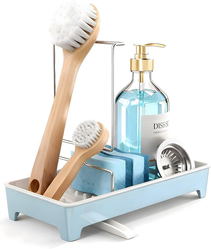 Minimalist Sink Caddy, Rustproof Sponge Holder for Kitchen Sink Blue | Large Rustproof countertop organizer with 304 stainless steel brush holder, raised ridges and silicone drain tube