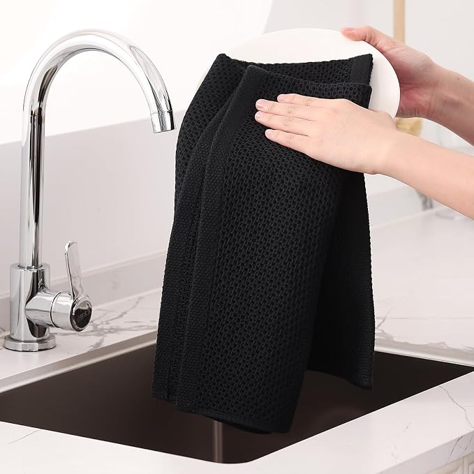 Homaxy 100% Cotton Oversized Waffle Weave Kitchen Towels 12-Pack, Black | 20 x 28 Inches, Ultra Soft Absorbent Dish Towels, Quick Drying Large Cleaning Towels