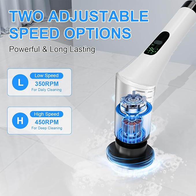 Electric Spin Scrubber for Bathroom Shower Scrubber with Long Handle | Dual Speed Cordless Power Cleaning Scrub, 9 Brush Heads, IPX7 Waterproof LCD Display Cleaner Tools for Tub Tile Grout Wall