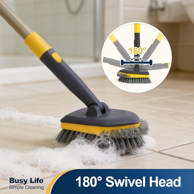 Yocada Tub Tile Scrubber Brush 2 in 1 Cleaning Brush 58.2" Telescopic Pole | Stiff Edge Bristles 4*Scouring Pads for Bathroom Shower Floor Corner Cleaning Non Scratch
