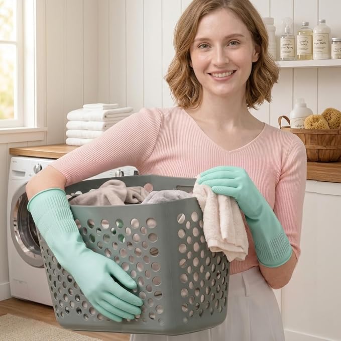 Rubber Dishwashing Gloves, Reusable Cleaning Gloves with Long Cuffs
