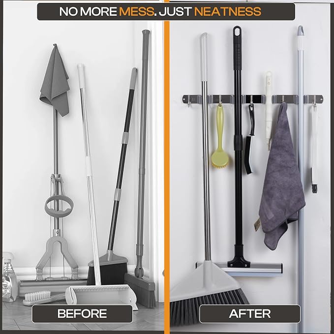 Stainless Steel Broom Holder Wall Mount, 4 Racks & 5 Hooks | Rust-resistant organizer for mops, brooms, tools and garden equipment, adjustable wall storage, silver