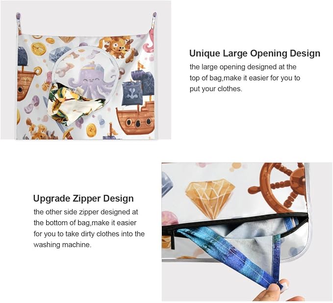Cute Pirate Octopuses Sailboats Diamonds Hanging Laundry Hamper Door Hampers Bag Basket with Stainless Steel Hooks Oxford Fabric Printing Decorative Clothes Bags 29.5X20inch 2Pack