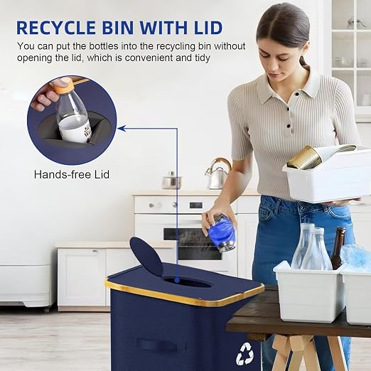 26-Gallon Kitchen Recycling Bin with Lid, Locking Wheels, Dark Blue | 100L capacity, two reusable inner bags, sorting stickers for bottles, cans, glass and plastic