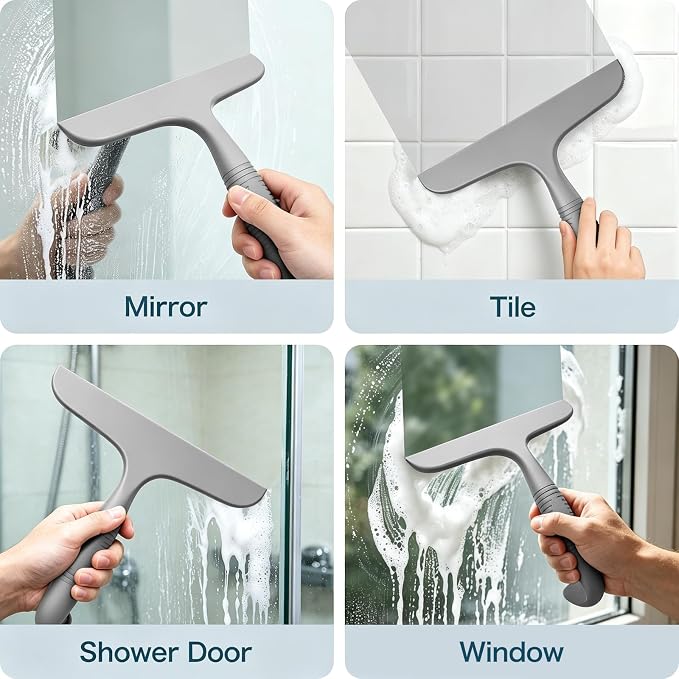 SetSail Shower Squeegee for Glass Doors,One-piece All Silicone Squeegee | Streak-Free Bathroom Squeegee for Shower Glass Window Mirror Tile Wall, Built-in Hook, Ergonomic Grip, Grey（9.5-inch）
