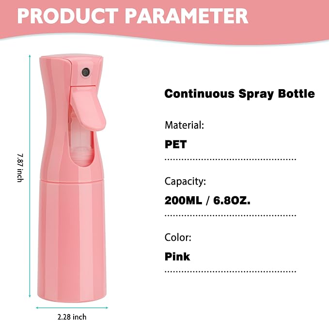 Spray Bottle for Hair (6.8OZ /200ML) Continuous Ultra Fine Mist Sprayer for Hair, Salons, Barber, Plants, Skin Care, Cleaning 1 Pack PINK