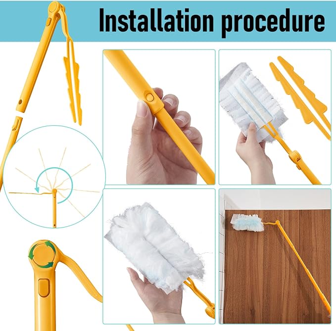 Colingmill 4 Pcs 3 ft Replacement Handles Compatible with Duster Refills | For Ceiling Fans, Blinds, Shelves, Windows, Long Extended Handle Only, Yellow, Foldable, Durable PET, 270° Rotating Head