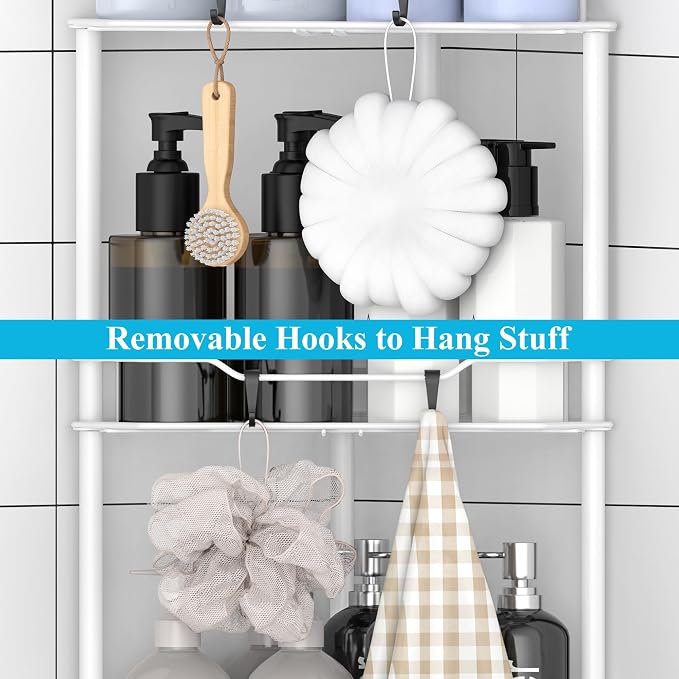 HuggieGems Metal Floor Standing Corner Shower Caddy, White, 3 Tier | Adhesive Bathroom Organizer Shelves, Free Standing Shower Rack with Hooks, Hold Large Shampoo Bottles
