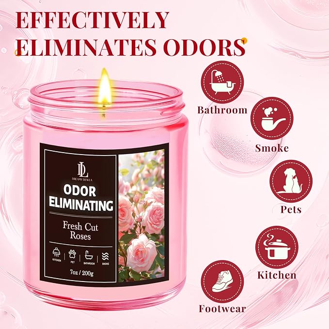 Fresh Cut Roses Odor Eliminating Candle, Romantic Floral Scent for Bedroom & Bathroom, Gently Covers Everyday Odors, Air Freshing Scented Candles, Soy Candle Gifts for Women Men, 7oz