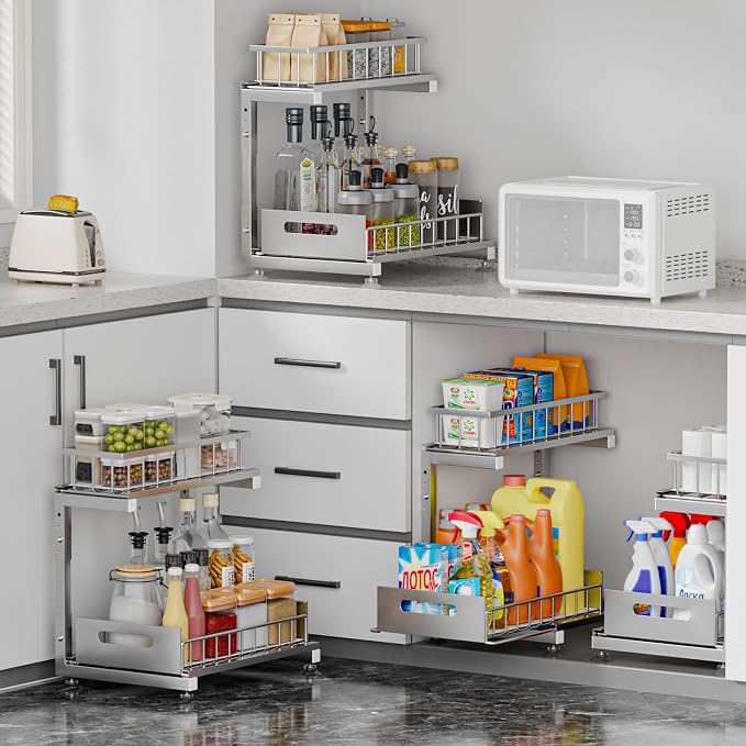 Saydear 2-Pack L-Shaped Under Sink Organizer, 2-Tier Pull-out Cabinet Rack | Grey Height-Adjustable Metal Rack, Sliding Grid Drawers with Safety Stopper, Holds 100 Lbs, Ideal Kitchen Cabinet Storage