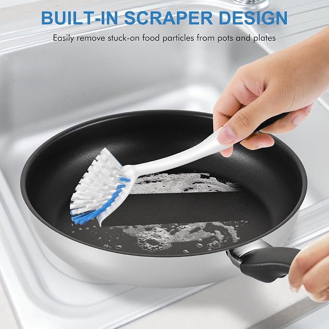SetSail Dish Brush with Handle, 2 Pack Stiff Bristles Dish Scrubber with Built-in Scraper Dish Scrub Brushes for Cleaning Dishes, Pots and Pans, Kitchen Sink | Built-In Scraper Tip, Non-Slip Rubber Handle, Hanging Loop for Storage Deep Cleaning for Dis...