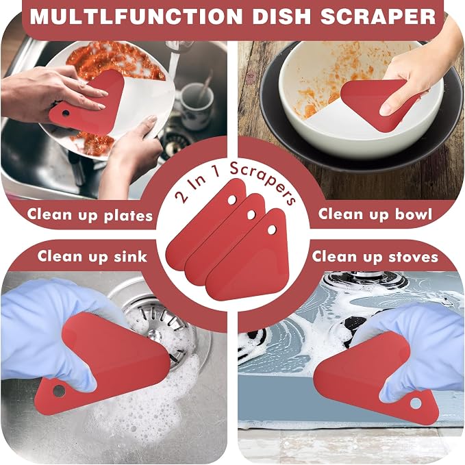 Food Scraper Dish Scraper for Cast Iron Skillets, Cookware, Pans and Pots | Nylon and Silicone, 2-in-1 Kitchen Scraper Tools, Pan Scraper, Heat resistant to 140 ℉, 3 Pack, Red